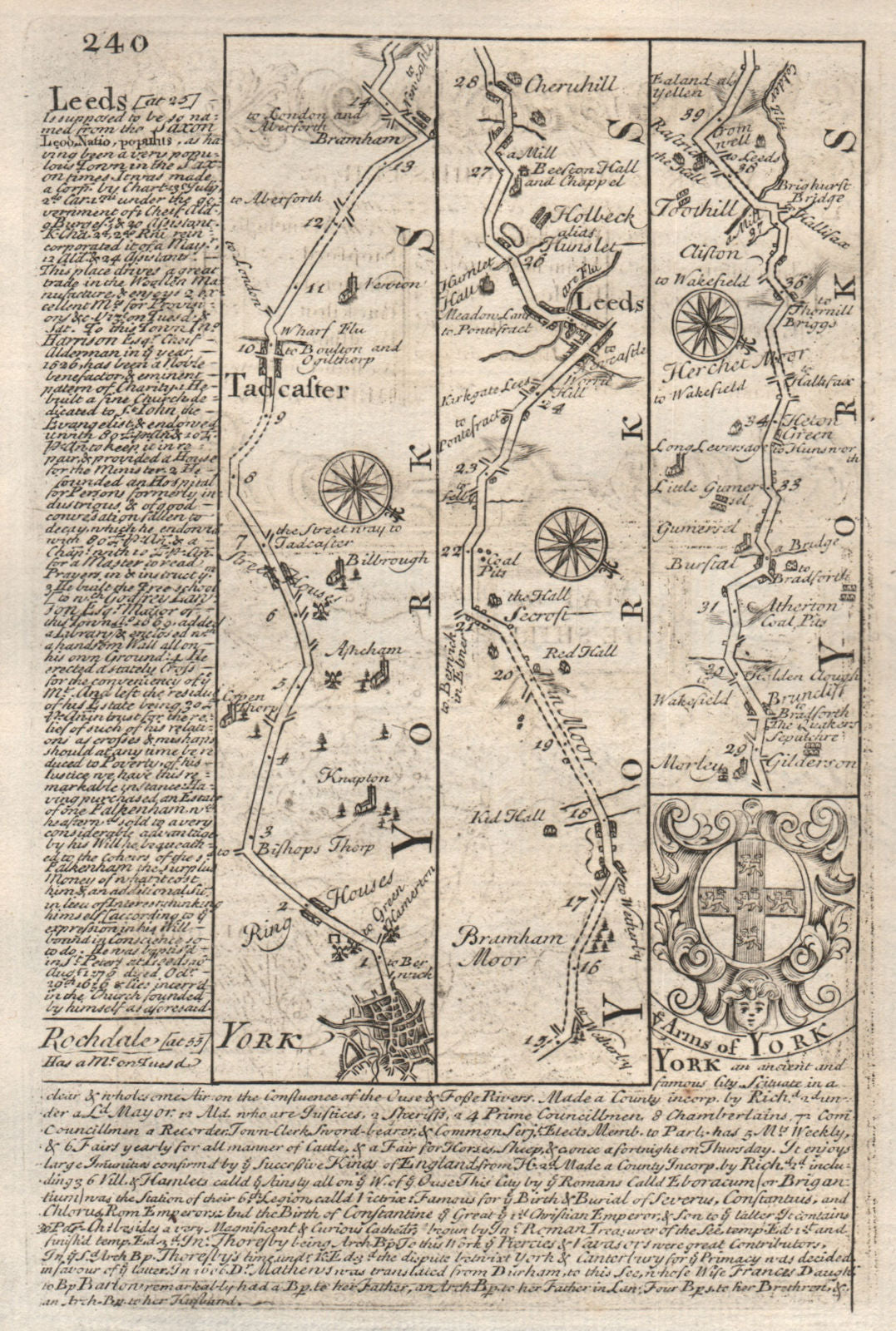 York-Tadcaster-Leeds road strip map by J. OWEN & E. BOWEN 1753 old antique